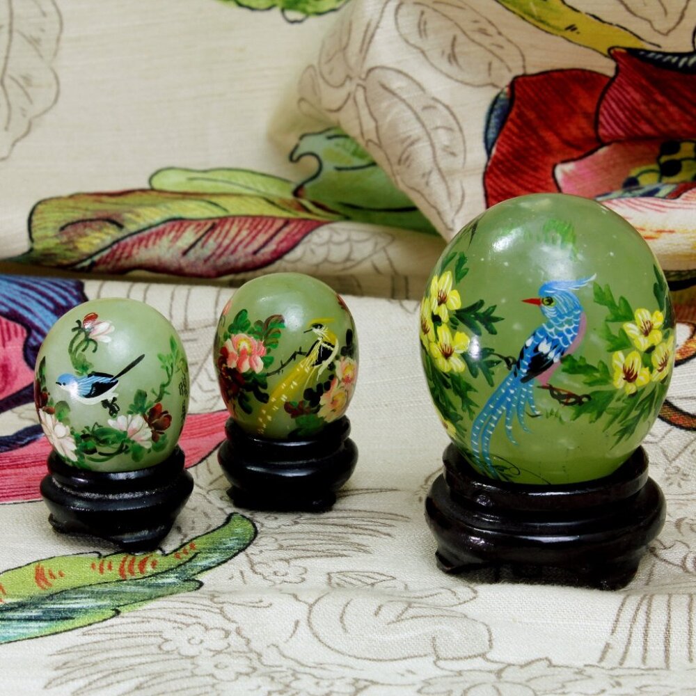 Vintage Chinese Jade Green Egg Trio Hand Painted Stones w/Stands